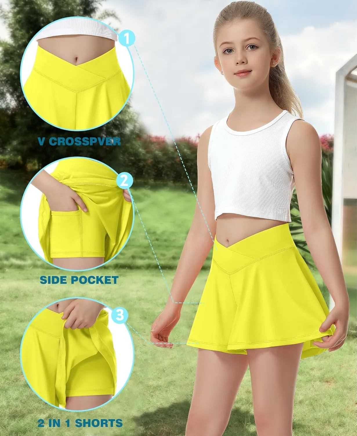 QooNoo Girls Athletic Shorts Flowy Running Shorts with Pockets V Crossover 2 in 1 Girls Tennis Shorts Butterfly Skorts