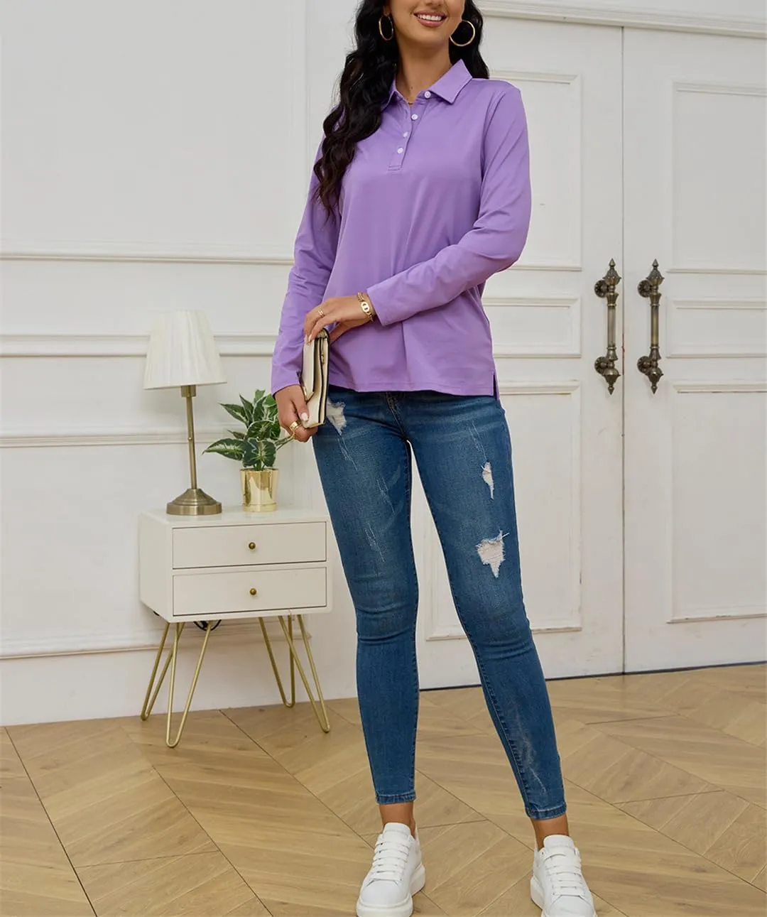 Quick Dry Summer Golf Polo Shirts Womens Long Sleeve Button Down Polo Shirts Hiking Trainning Tshirts