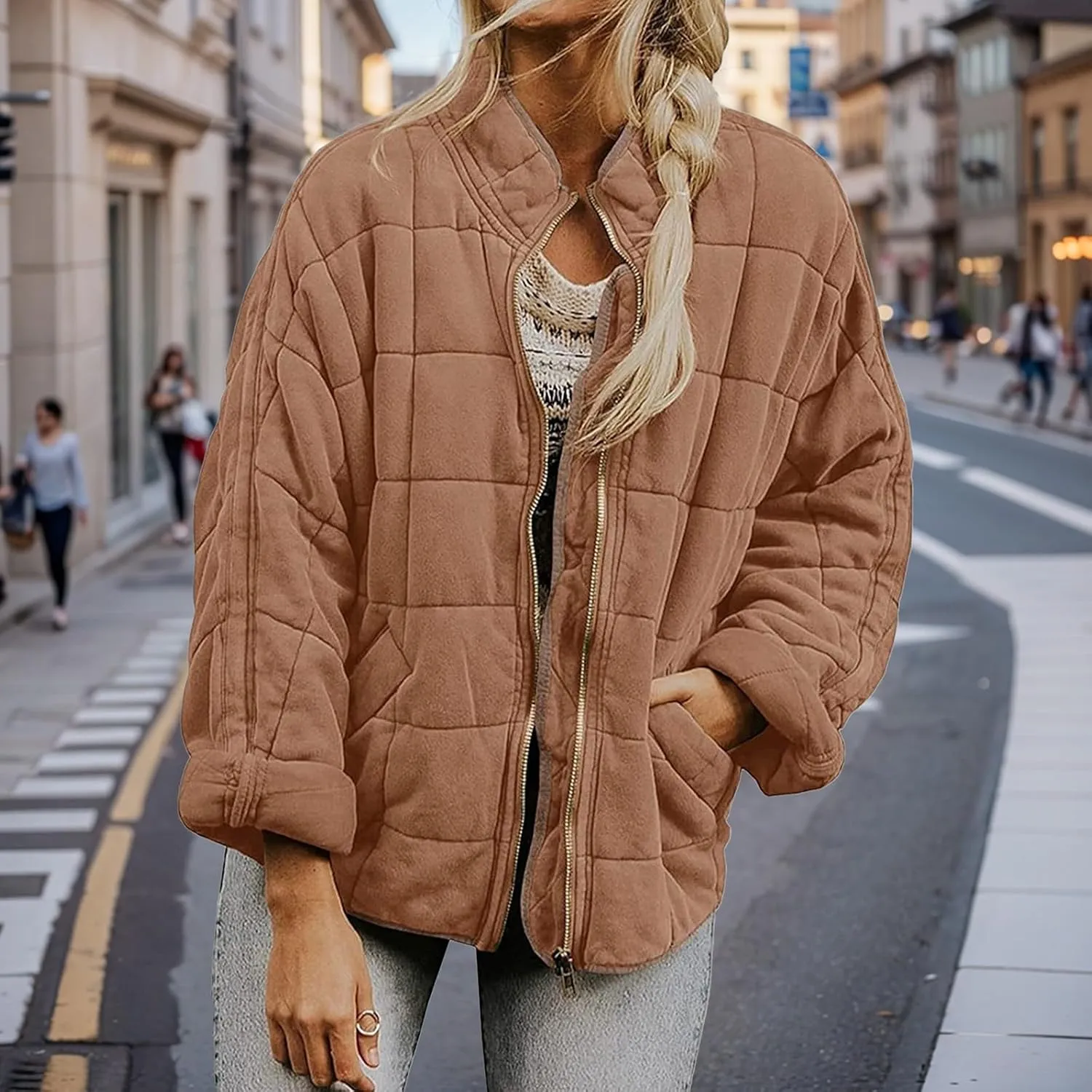 Quilted Jackets for Women Lightweight Puffer Jacket Dolman Long Sleeve Zip Up Padded Jacket Down Winter Coat Outwear