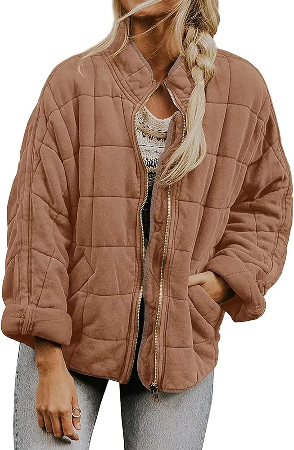 Quilted Jackets for Women Lightweight Puffer Jacket Dolman Long Sleeve Zip Up Padded Jacket Down Winter Coat Outwear