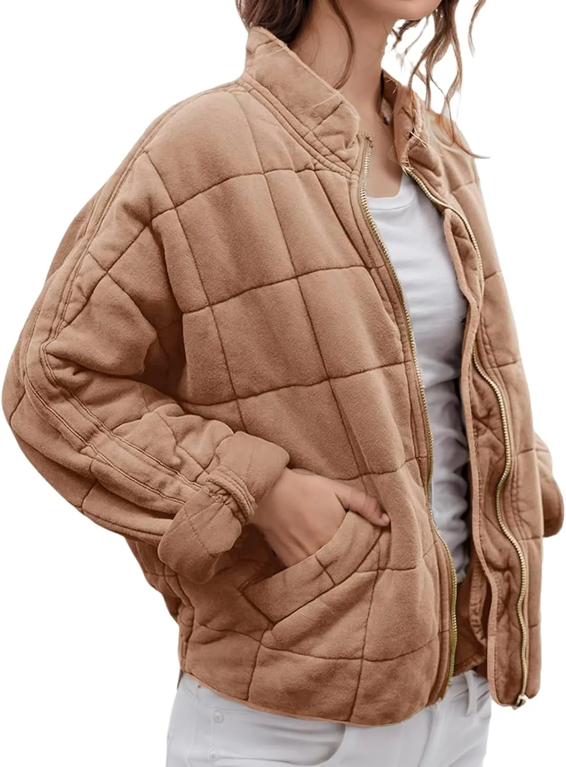 Quilted Jackets for Women Lightweight Puffer Jacket Dolman Long Sleeve Zip Up Padded Jacket Down Winter Coat Outwear