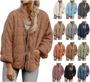 Quilted Jackets for Women Lightweight Puffer Jacket Dolman Long Sleeve Zip Up Padded Jacket Down Winter Coat Outwear