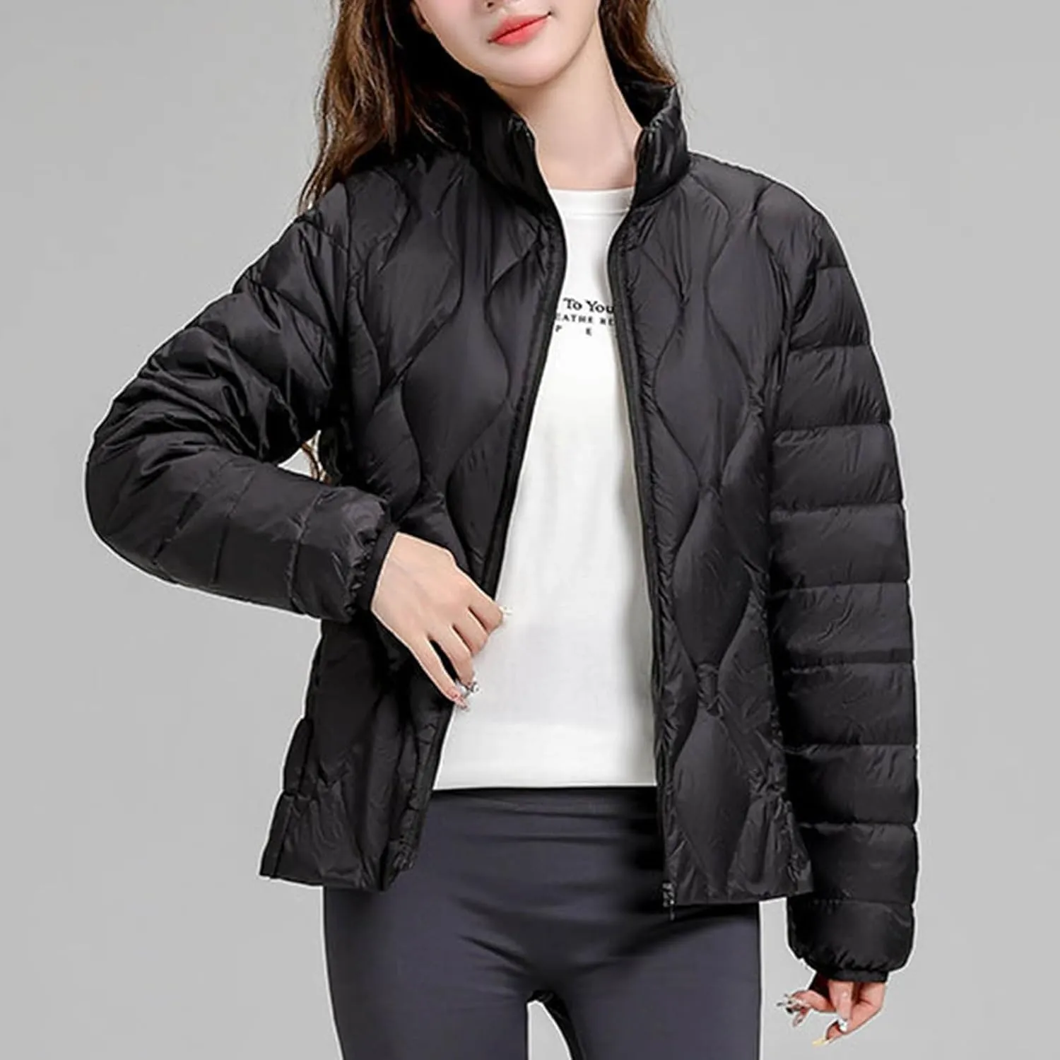 Quilted Lightweight Jacket for Women Plus Size Short Puffer Coats Stand Collar Zip Up Warm Down Jacket Fall Winter