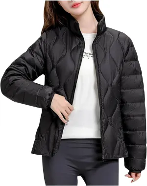 Quilted Lightweight Jacket for Women Plus Size Short Puffer Coats Stand Collar Zip Up Warm Down Jacket Fall Winter
