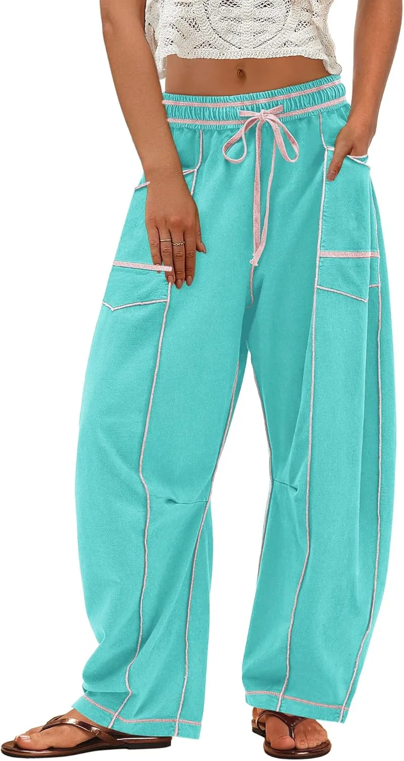 ReachMe Womens Barrel Baggy Sweatpants High Waisted Wide Leg Pants Drawstring Beach Pants Summer Vacation Outfits
