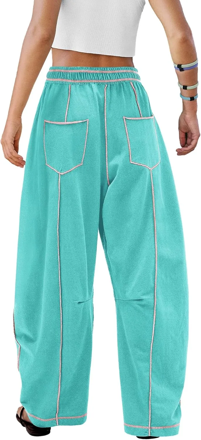 ReachMe Womens Barrel Baggy Sweatpants High Waisted Wide Leg Pants Drawstring Beach Pants Summer Vacation Outfits