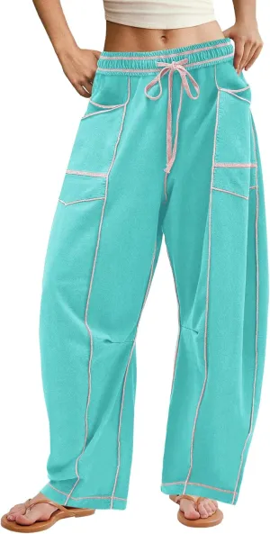 ReachMe Womens Barrel Baggy Sweatpants High Waisted Wide Leg Pants Drawstring Beach Pants Summer Vacation Outfits