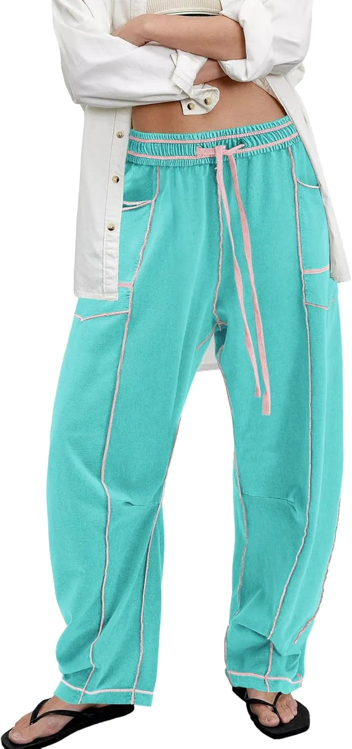 ReachMe Womens Barrel Baggy Sweatpants High Waisted Wide Leg Pants Drawstring Beach Pants Summer Vacation Outfits
