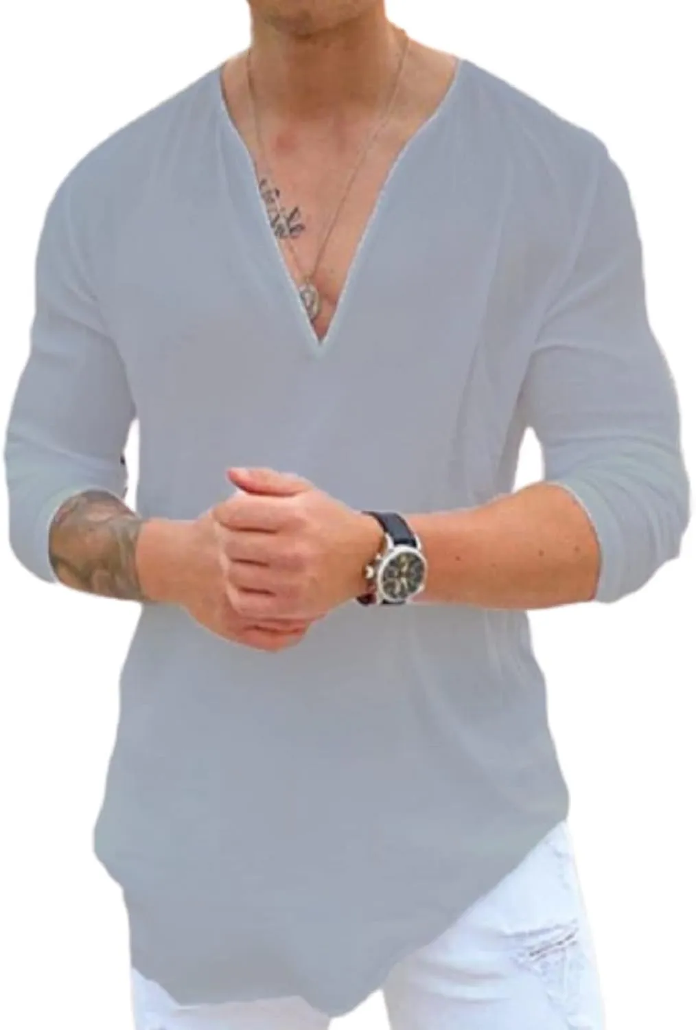 Rela Bota Mens Hawaiian V-Neck Shirt Solid Hippie Shirts Yoga Henley Shirt Beach Wear