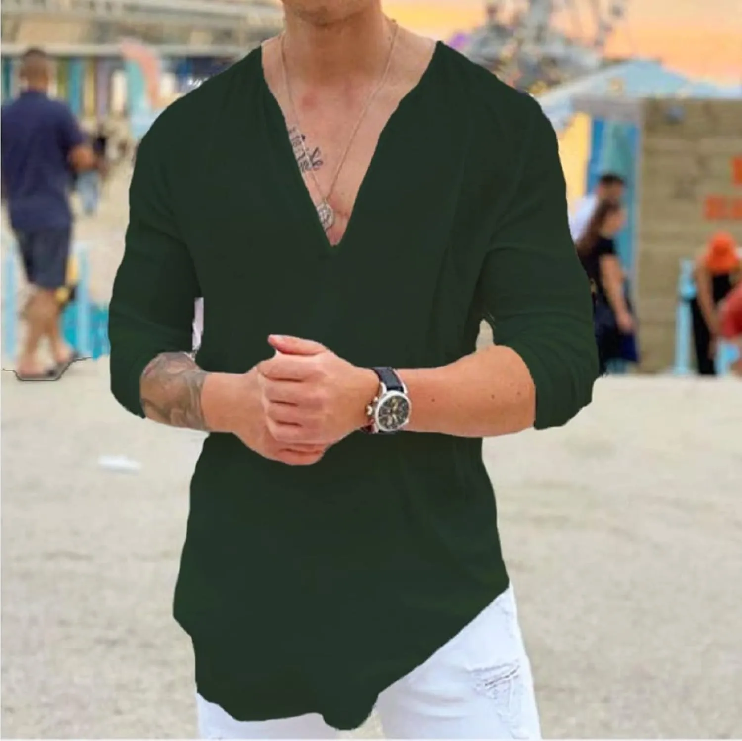 Rela Bota Mens Hawaiian V-Neck Shirt Solid Hippie Shirts Yoga Henley Shirt Beach Wear