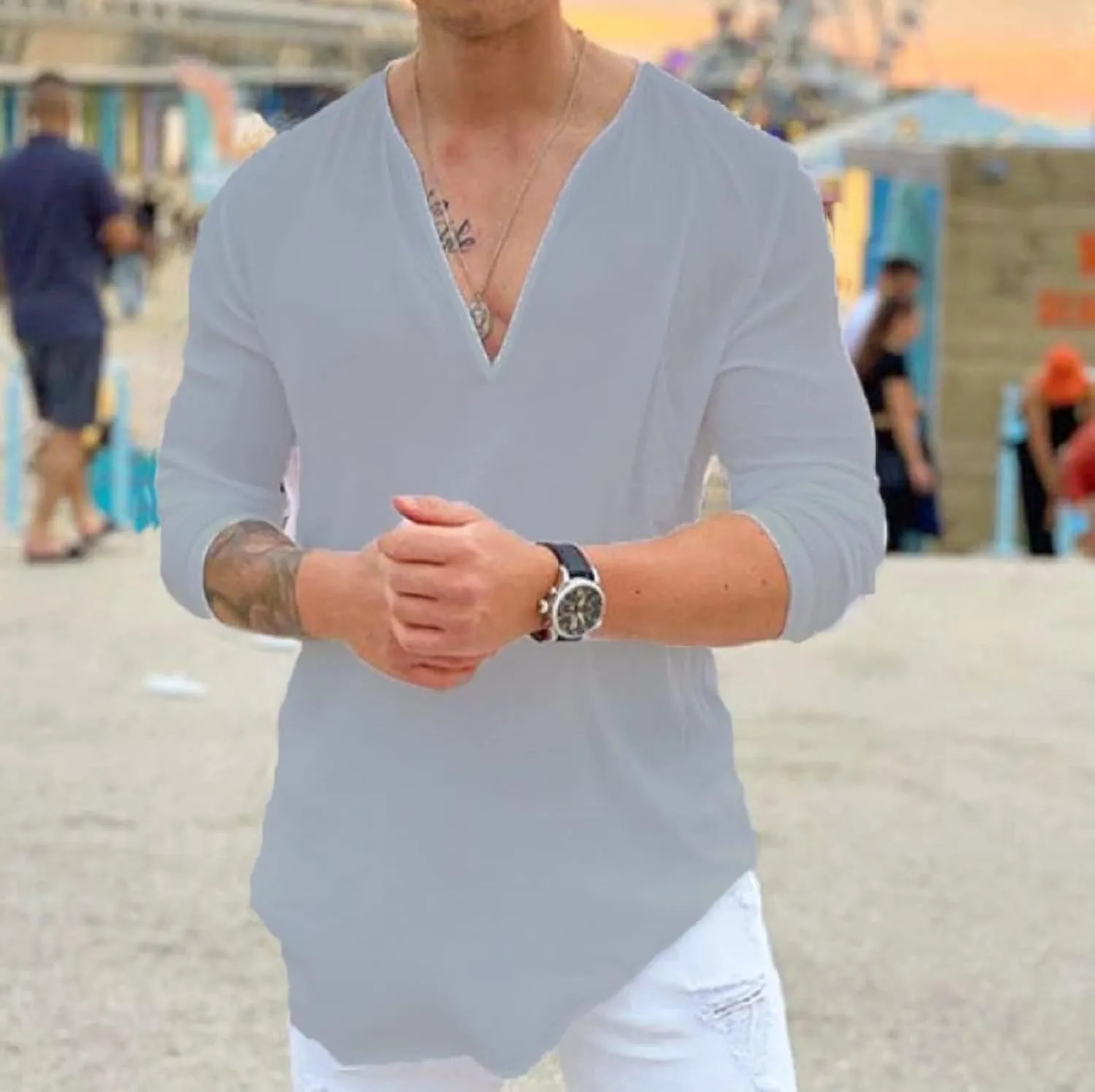 Rela Bota Mens Hawaiian V-Neck Shirt Solid Hippie Shirts Yoga Henley Shirt Beach Wear