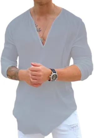 Rela Bota Mens Hawaiian V-Neck Shirt Solid Hippie Shirts Yoga Henley Shirt Beach Wear