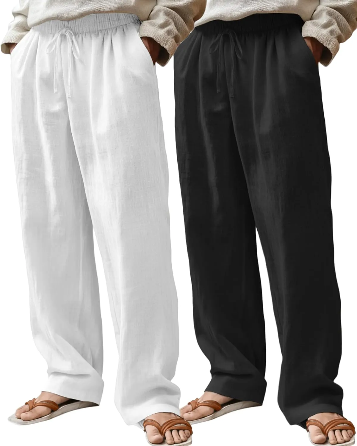 Riyiper 2 Pack Men's Linen Pants, Casual Pants with Pockets Lightweight Pants Elastic Waist Yoga Lounge Trousers