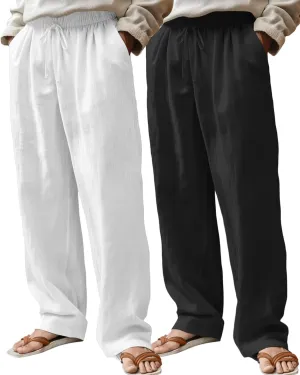 Riyiper 2 Pack Men's Linen Pants, Casual Pants with Pockets Lightweight Pants Elastic Waist Yoga Lounge Trousers