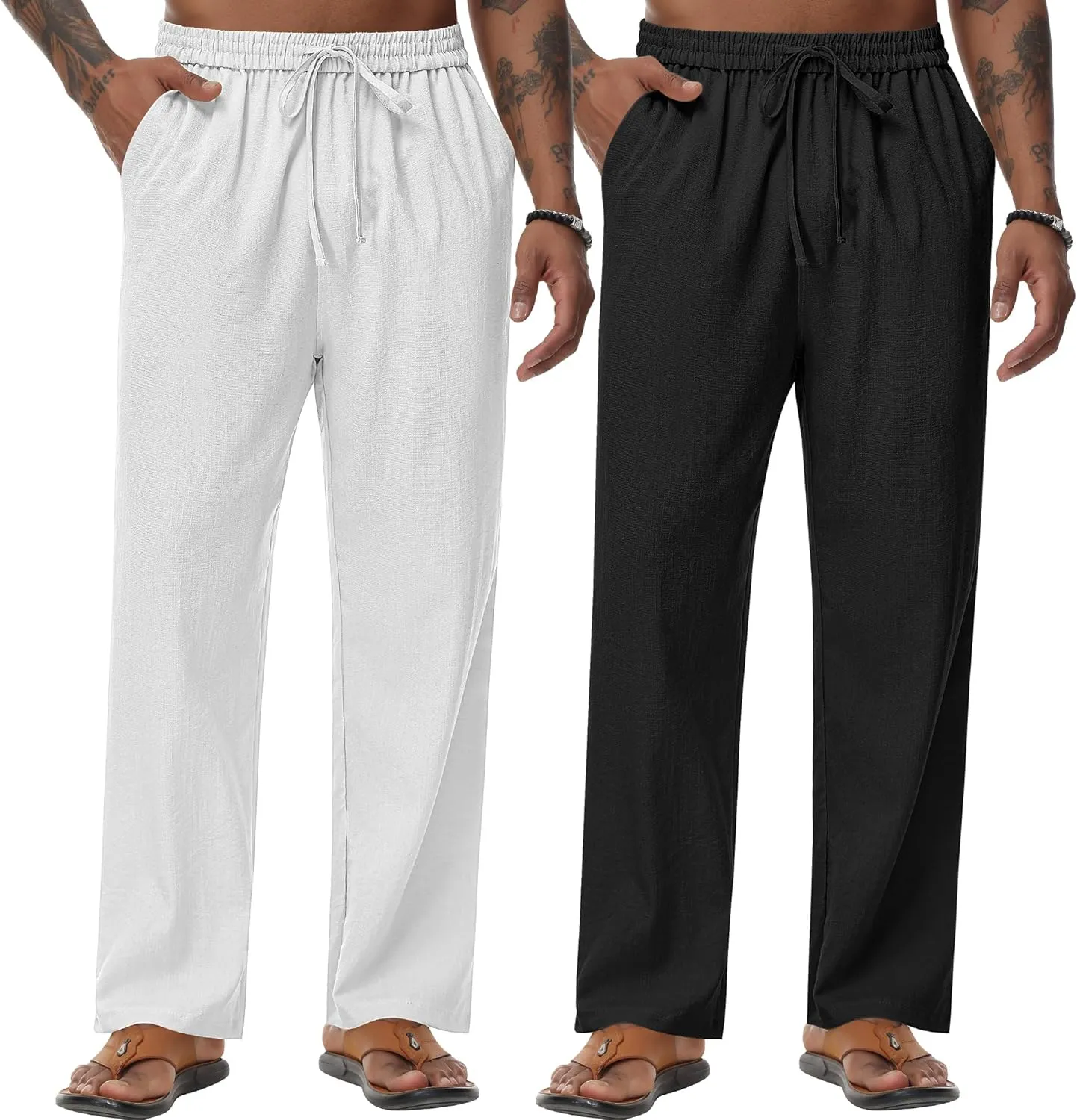 Riyiper 2 Pack Men's Linen Pants, Casual Pants with Pockets Lightweight Pants Elastic Waist Yoga Lounge Trousers