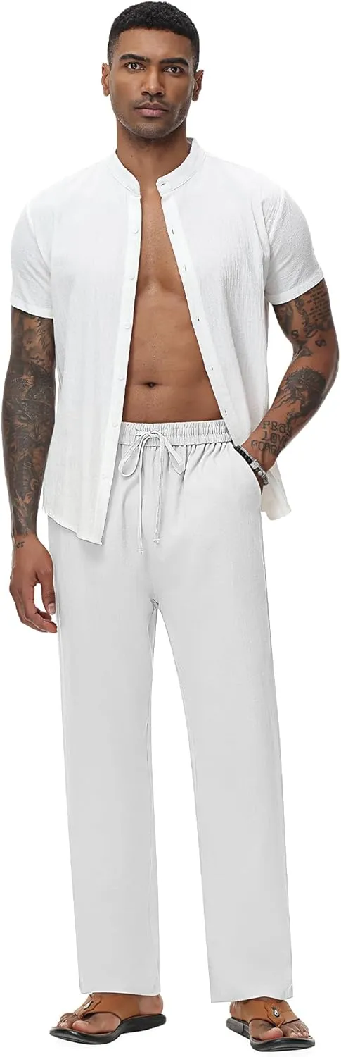 Riyiper 2 Pack Men's Linen Pants, Casual Pants with Pockets Lightweight Pants Elastic Waist Yoga Lounge Trousers