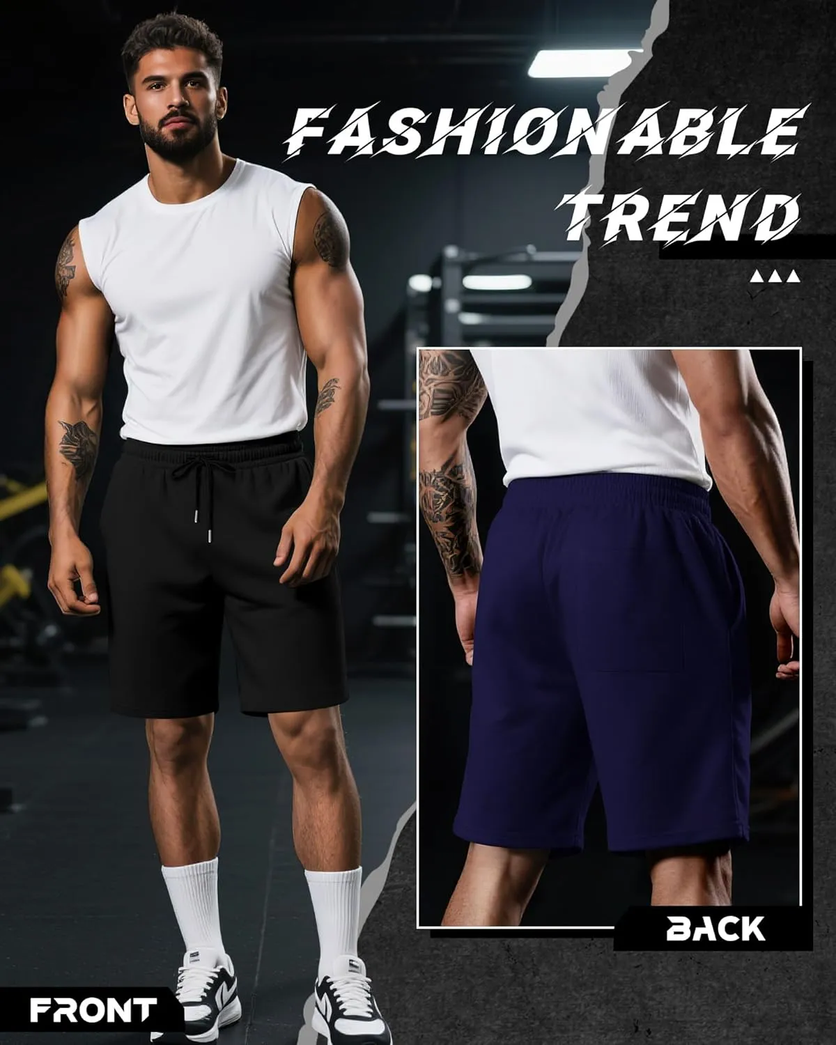 Riyiper 3 Pack Men's Bermuda Athletic Shorts Cotton Casual High Waist Shorts with Pockets Drawstring Knee Length Shorts