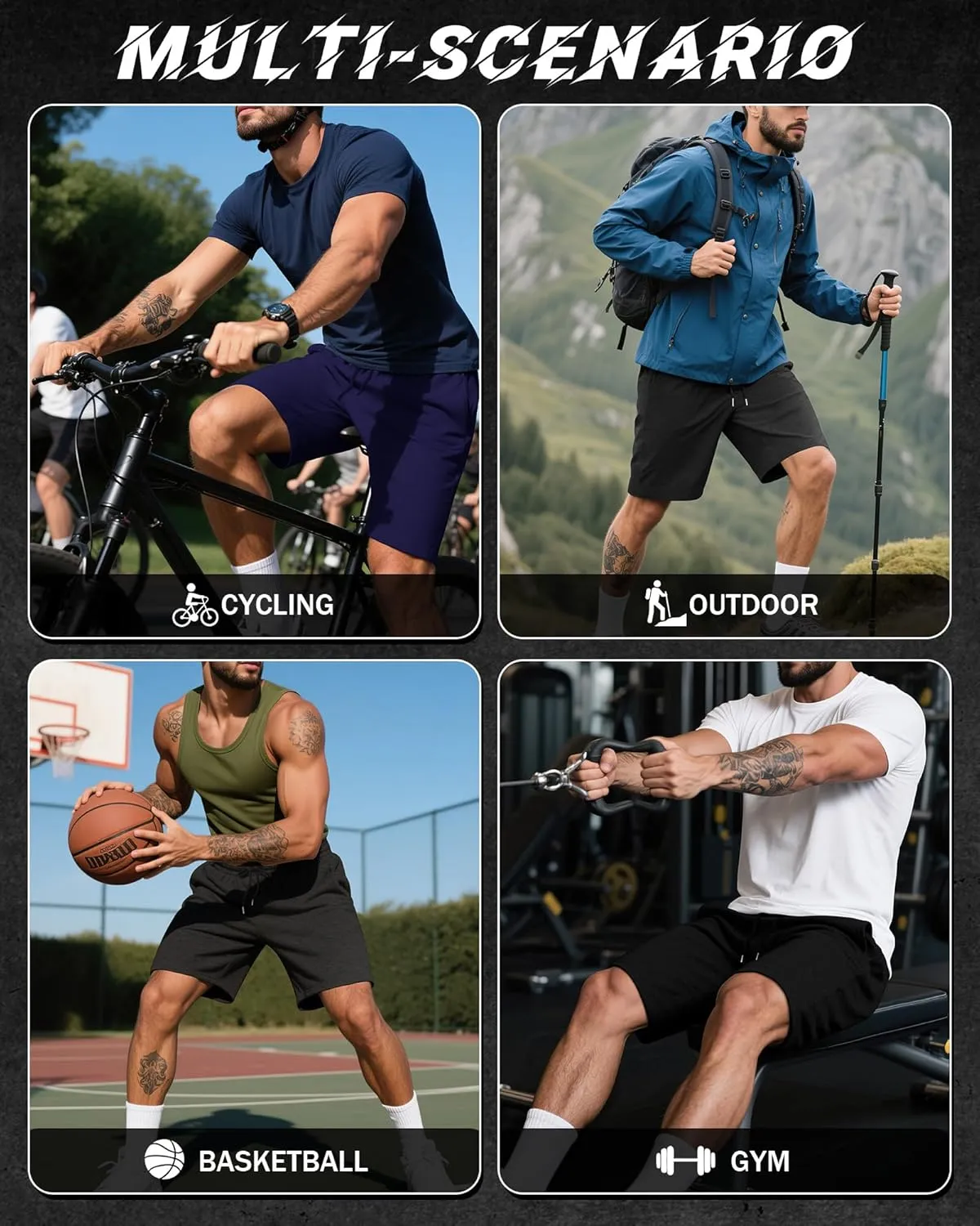 Riyiper 3 Pack Men's Bermuda Athletic Shorts Cotton Casual High Waist Shorts with Pockets Drawstring Knee Length Shorts