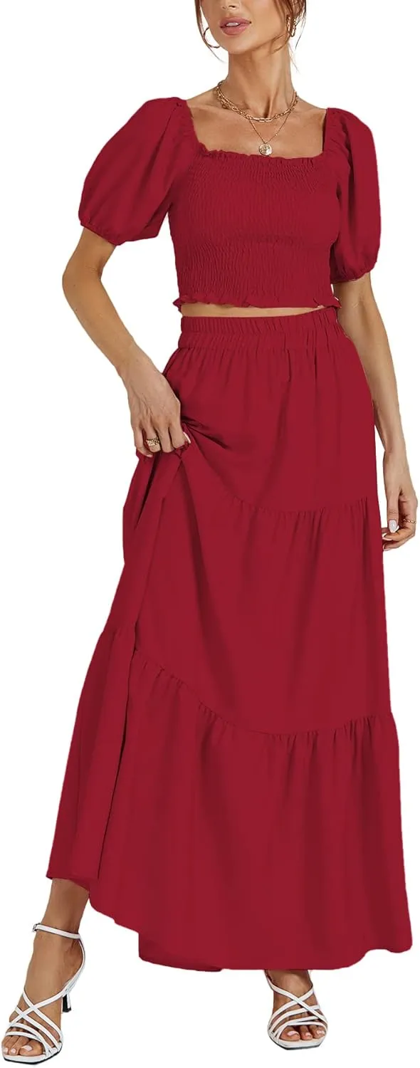 Rooscier Women's 2 Piece Outfit Shirred Short Sleeve Crop Top A Line Beach Maxi Skirt Set