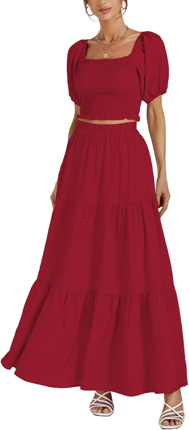 Rooscier Women's 2 Piece Outfit Shirred Short Sleeve Crop Top A Line Beach Maxi Skirt Set