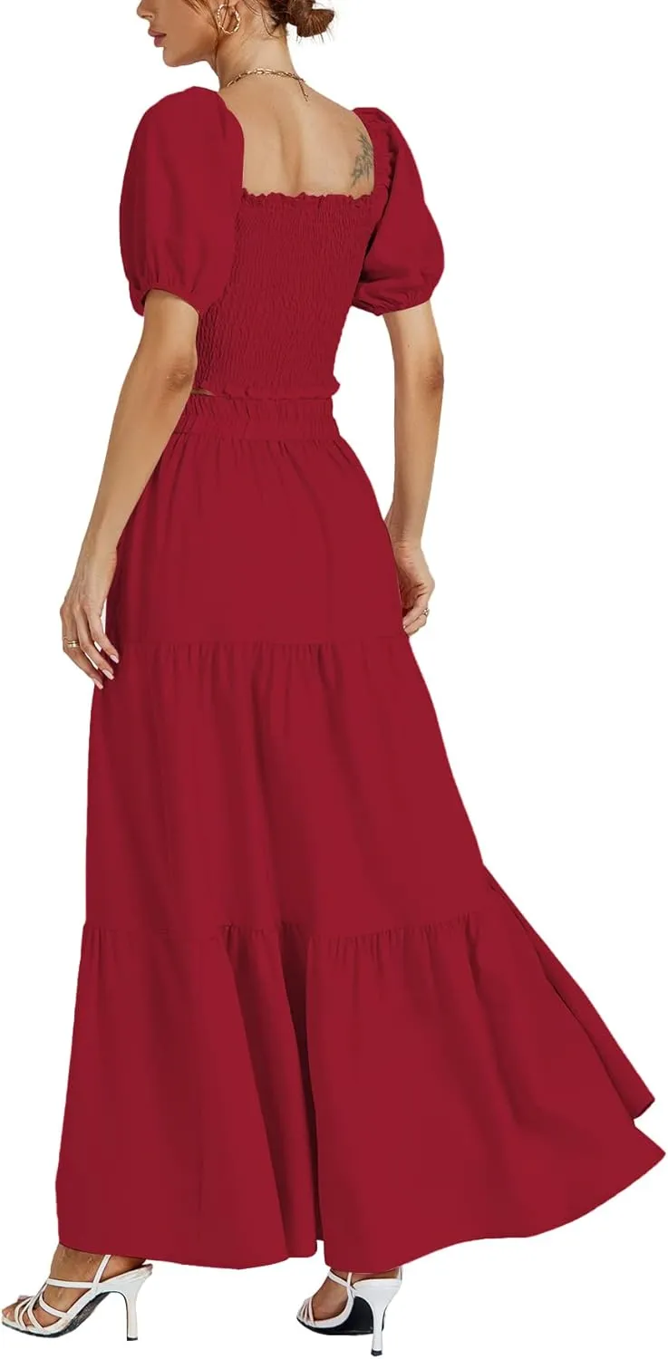 Rooscier Women's 2 Piece Outfit Shirred Short Sleeve Crop Top A Line Beach Maxi Skirt Set