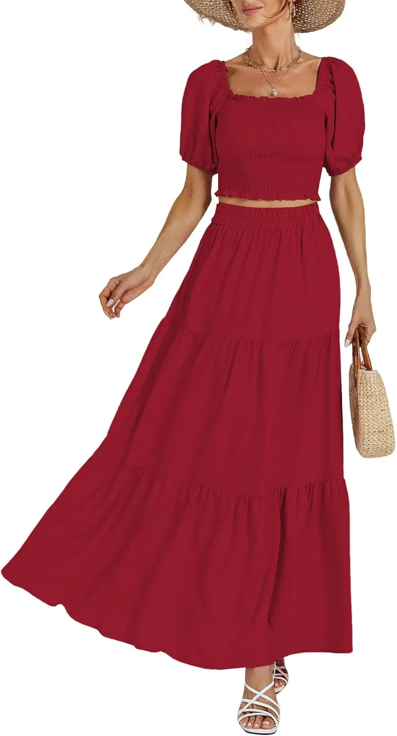 Rooscier Women's 2 Piece Outfit Shirred Short Sleeve Crop Top A Line Beach Maxi Skirt Set