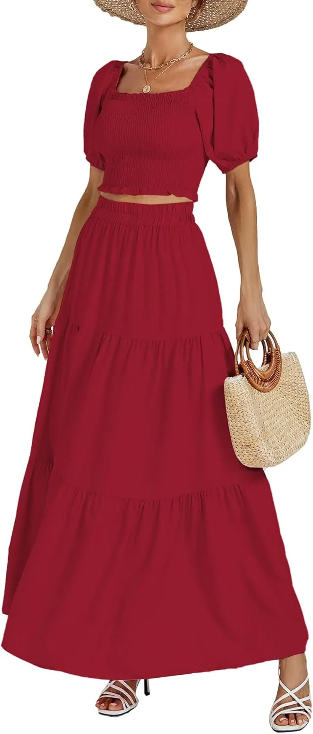 Rooscier Women's 2 Piece Outfit Shirred Short Sleeve Crop Top A Line Beach Maxi Skirt Set