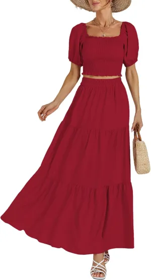 Rooscier Women's 2 Piece Outfit Shirred Short Sleeve Crop Top A Line Beach Maxi Skirt Set