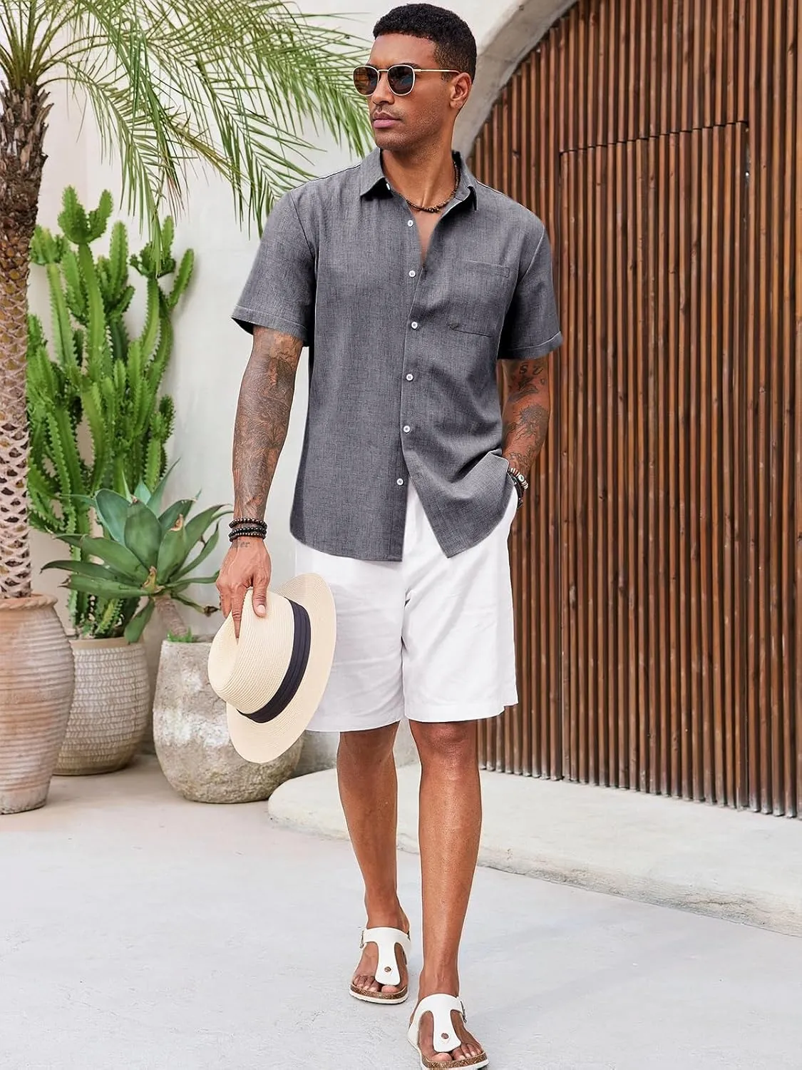 Runcati Mens Button Down Linen Shirt Short Sleeve Casual Summer Beach Wedding Tops