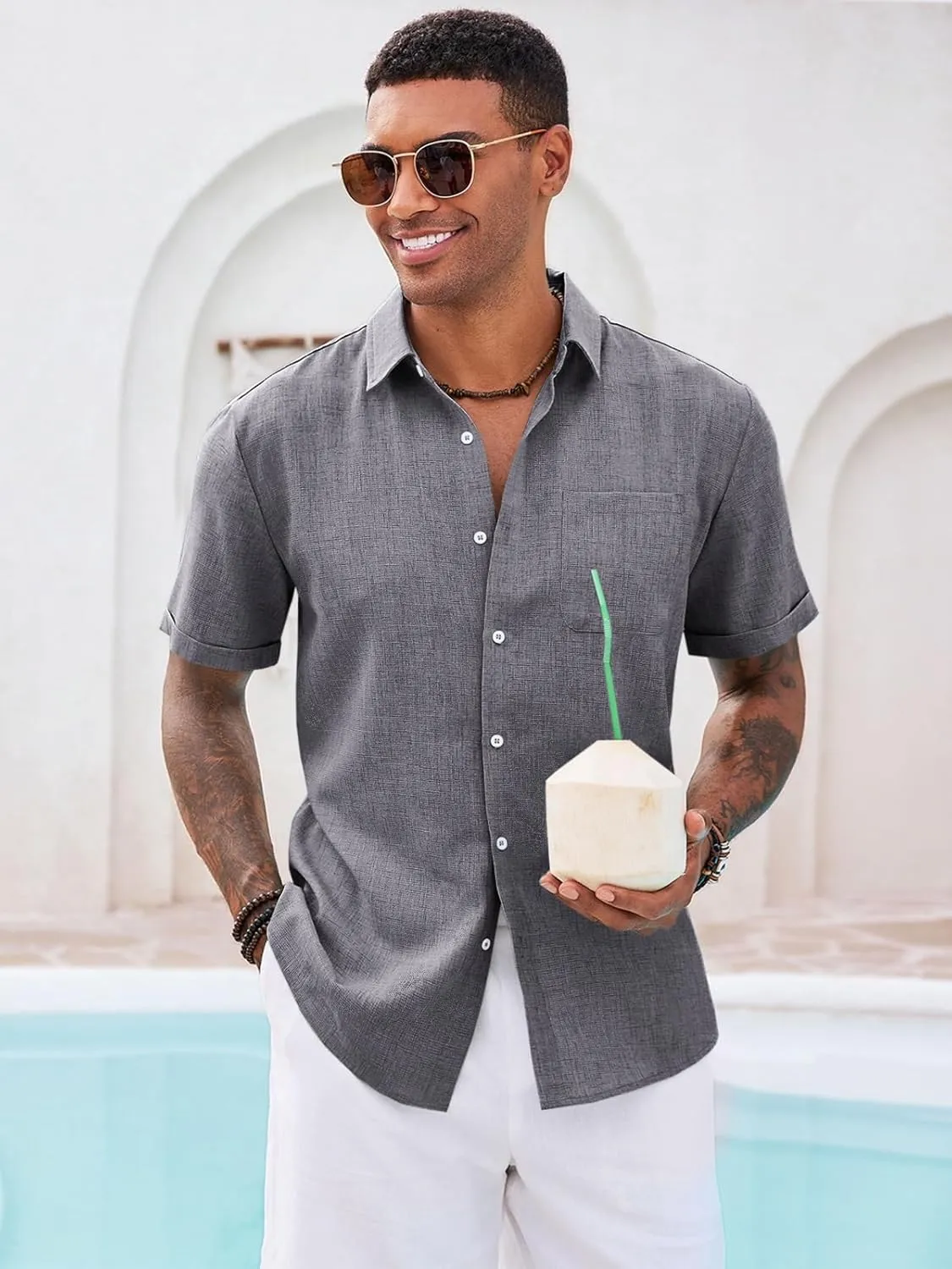 Runcati Mens Button Down Linen Shirt Short Sleeve Casual Summer Beach Wedding Tops