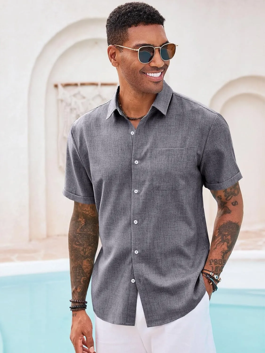 Runcati Mens Button Down Linen Shirt Short Sleeve Casual Summer Beach Wedding Tops