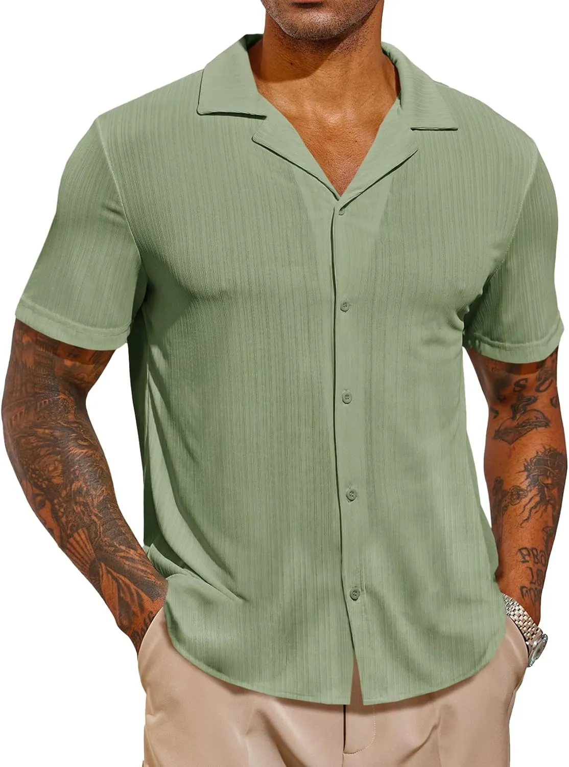 Runcati Mens Casual Button Down Shirts Short Sleeve Cuban Collar Textured Shirt Beach Summer Stretch Tops