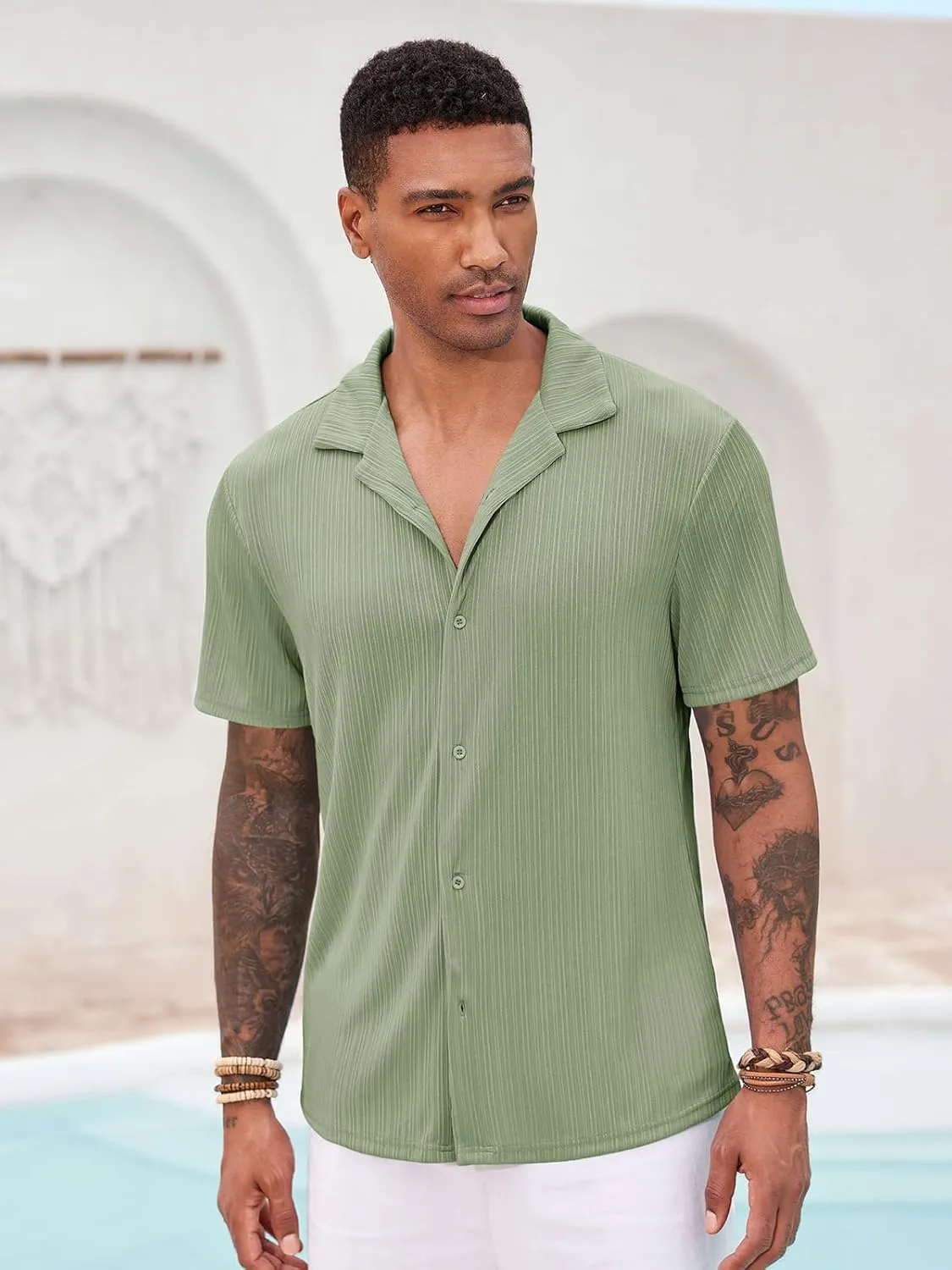Runcati Mens Casual Button Down Shirts Short Sleeve Cuban Collar Textured Shirt Beach Summer Stretch Tops