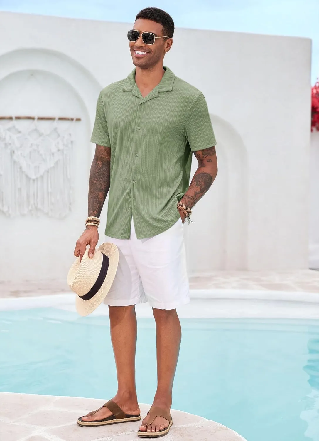 Runcati Mens Casual Button Down Shirts Short Sleeve Cuban Collar Textured Shirt Beach Summer Stretch Tops