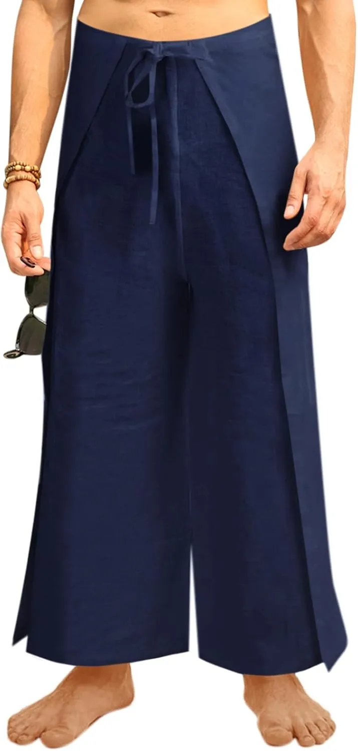 Runcati Mens Linen Wrap Pants Thai Fisherman Yoga Beach Hippie Lightweight Loose Fit Pants