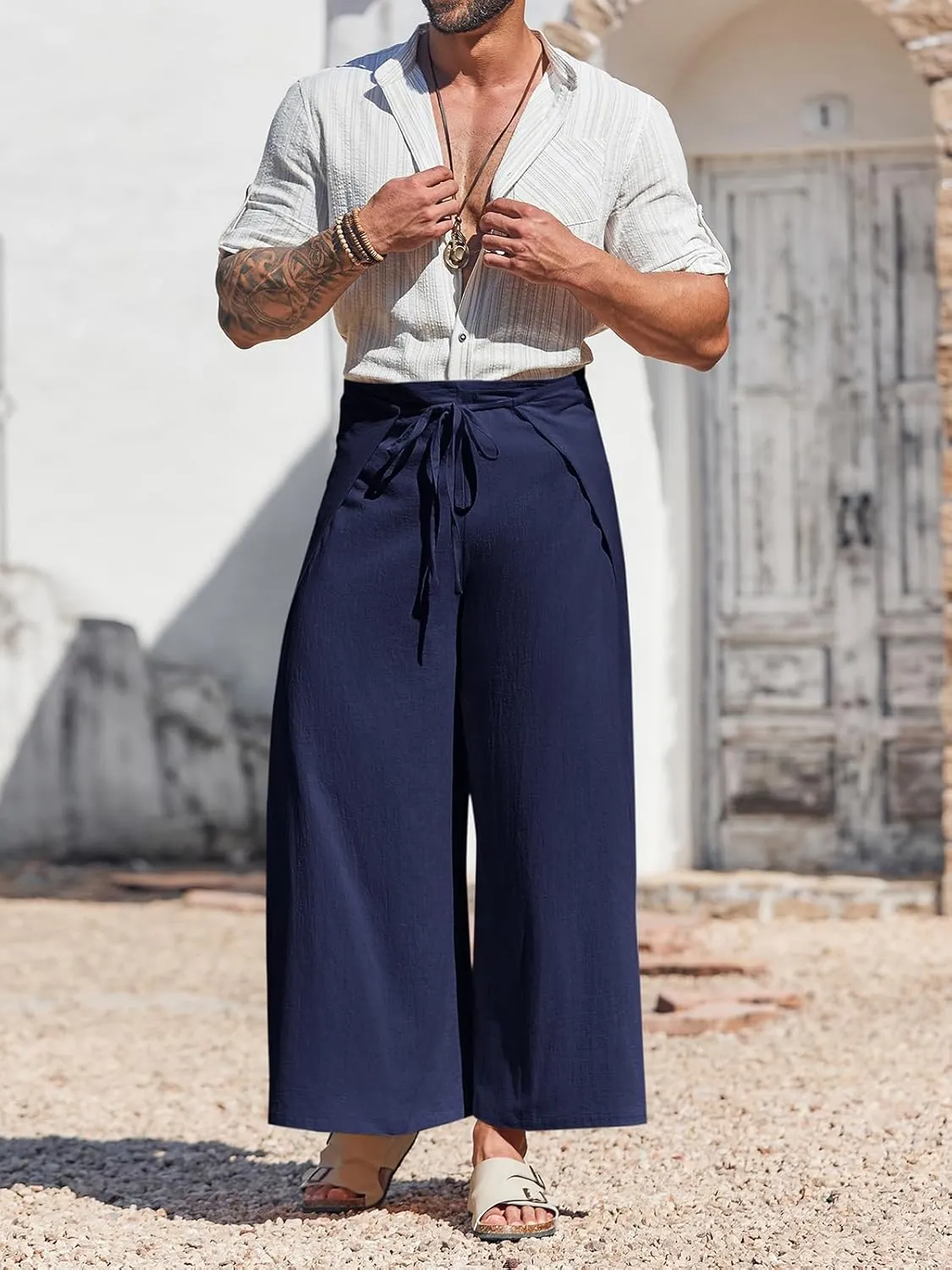 Runcati Mens Linen Wrap Pants Thai Fisherman Yoga Beach Hippie Lightweight Loose Fit Pants