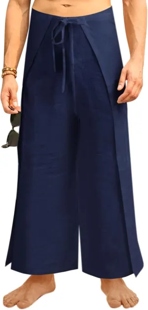 Runcati Mens Linen Wrap Pants Thai Fisherman Yoga Beach Hippie Lightweight Loose Fit Pants