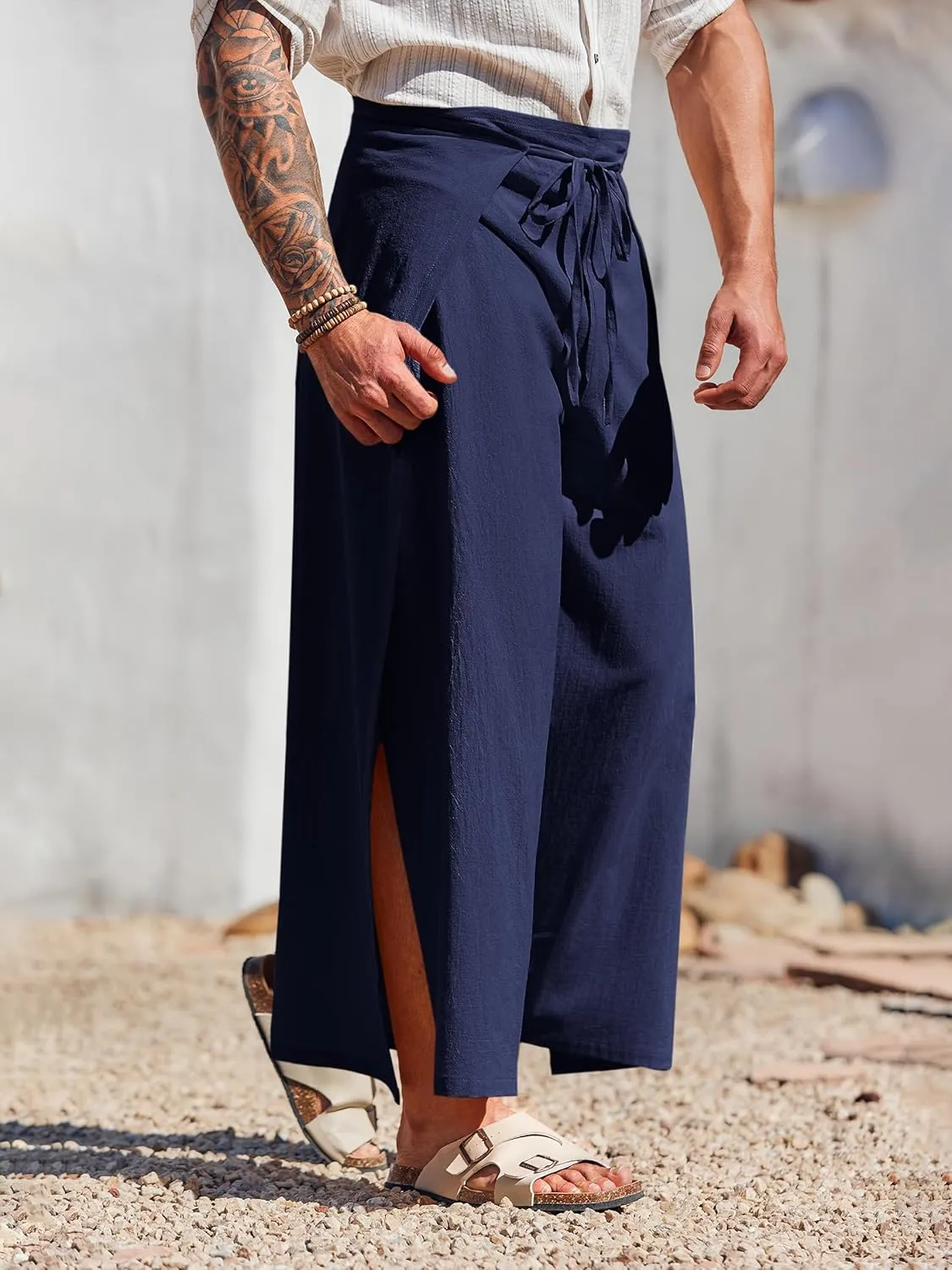 Runcati Mens Linen Wrap Pants Thai Fisherman Yoga Beach Hippie Lightweight Loose Fit Pants