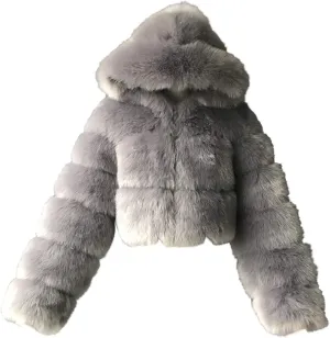 SACFOF Women Fluffy Faux Fur Coat Cropped Jacket Puffer Zip Up Winter Warm Fuzzy Teddy Hooded Outwear