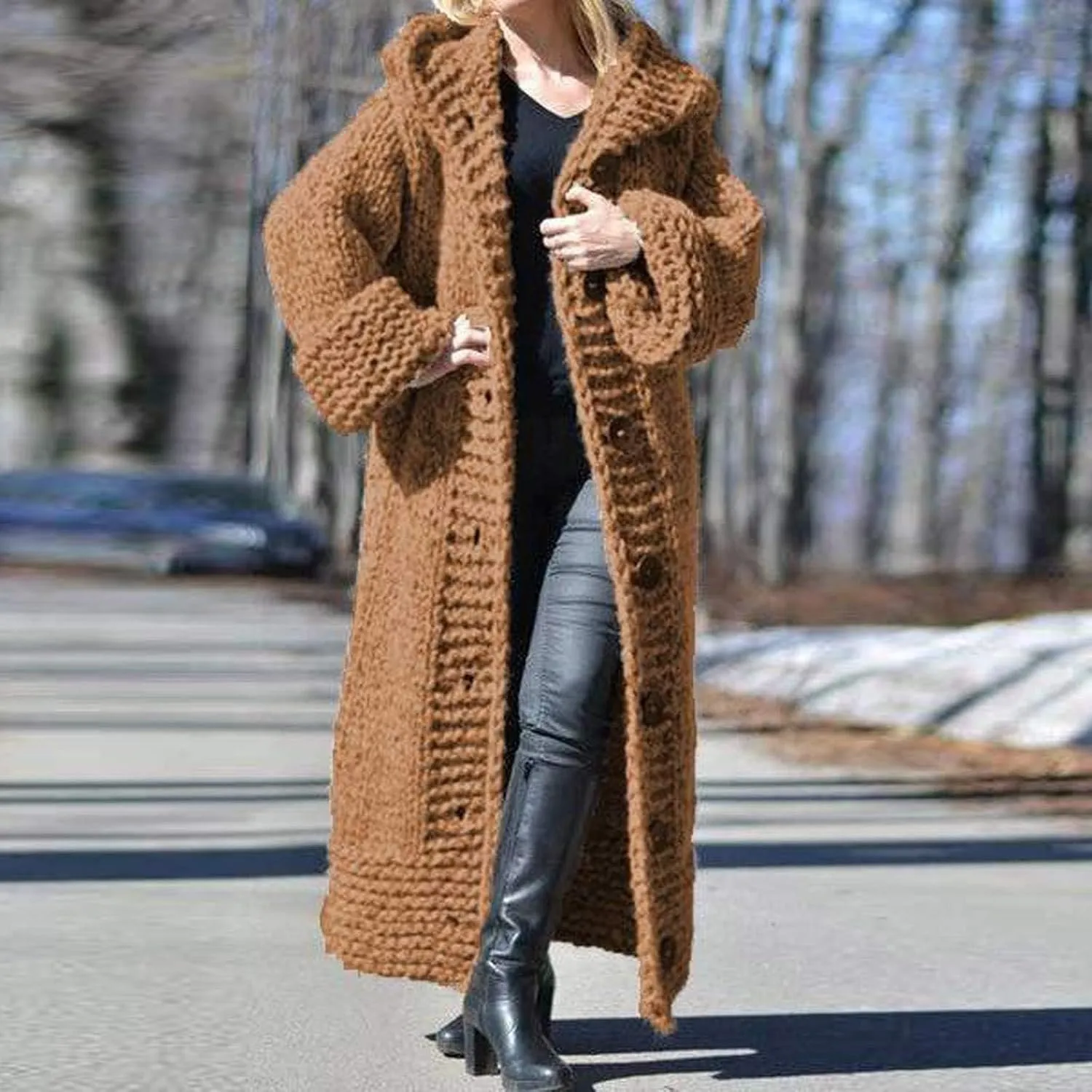 SACFOF Women Hooded Open Front Cardigan Cable Knit Sweaters Winter Solid Color Chunky Button Long Sweater Coats