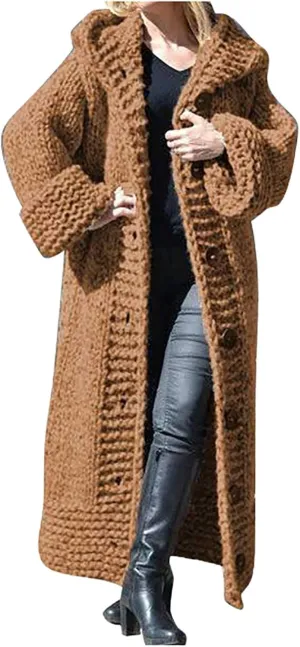 SACFOF Women Hooded Open Front Cardigan Cable Knit Sweaters Winter Solid Color Chunky Button Long Sweater Coats