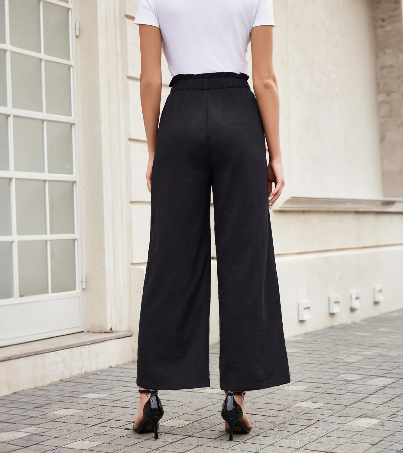 SDEER Women's Belted Wide Leg Pants Elastic High Waist Pure Color Loose Fit Long Pants Casual Palazzo Trousers