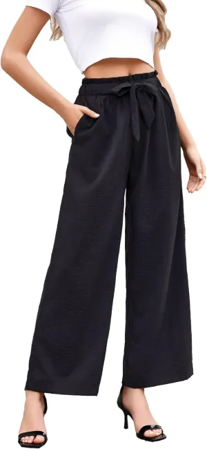 SDEER Women's Belted Wide Leg Pants Elastic High Waist Pure Color Loose Fit Long Pants Casual Palazzo Trousers