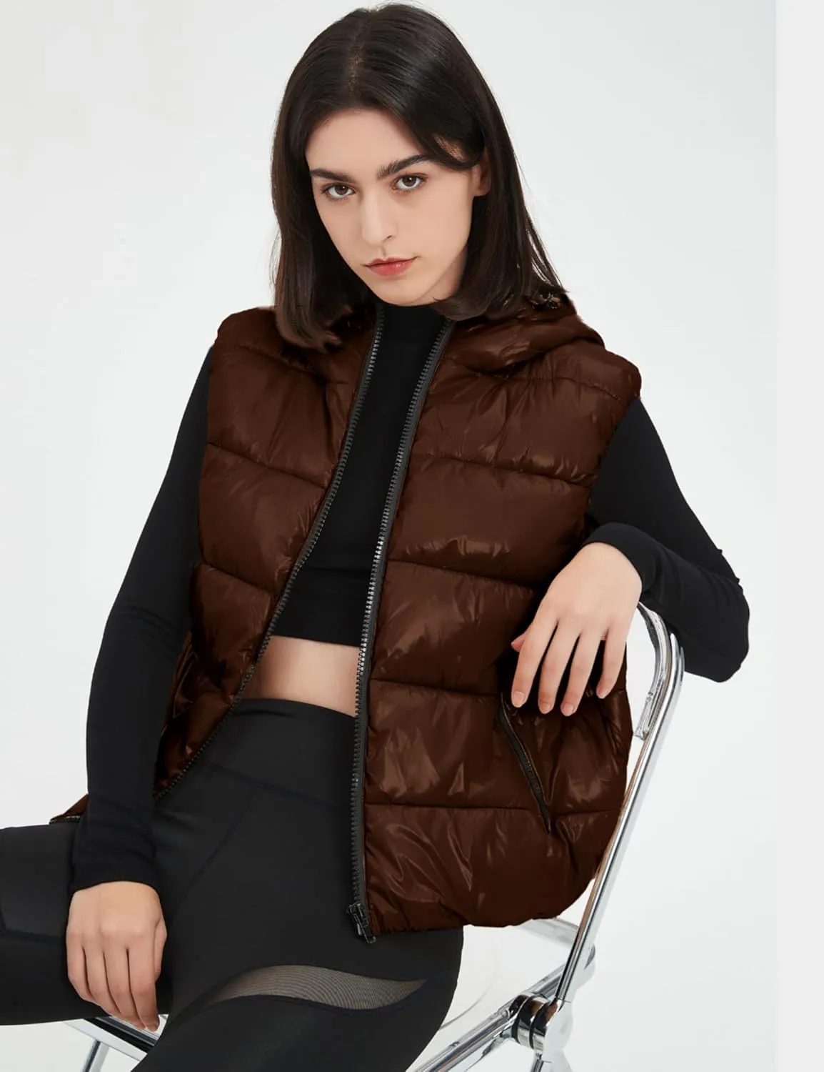 SeekMe Women's Hooded Shiny Insulated Puffer Vest Sleeveless Down Puffer Jacket