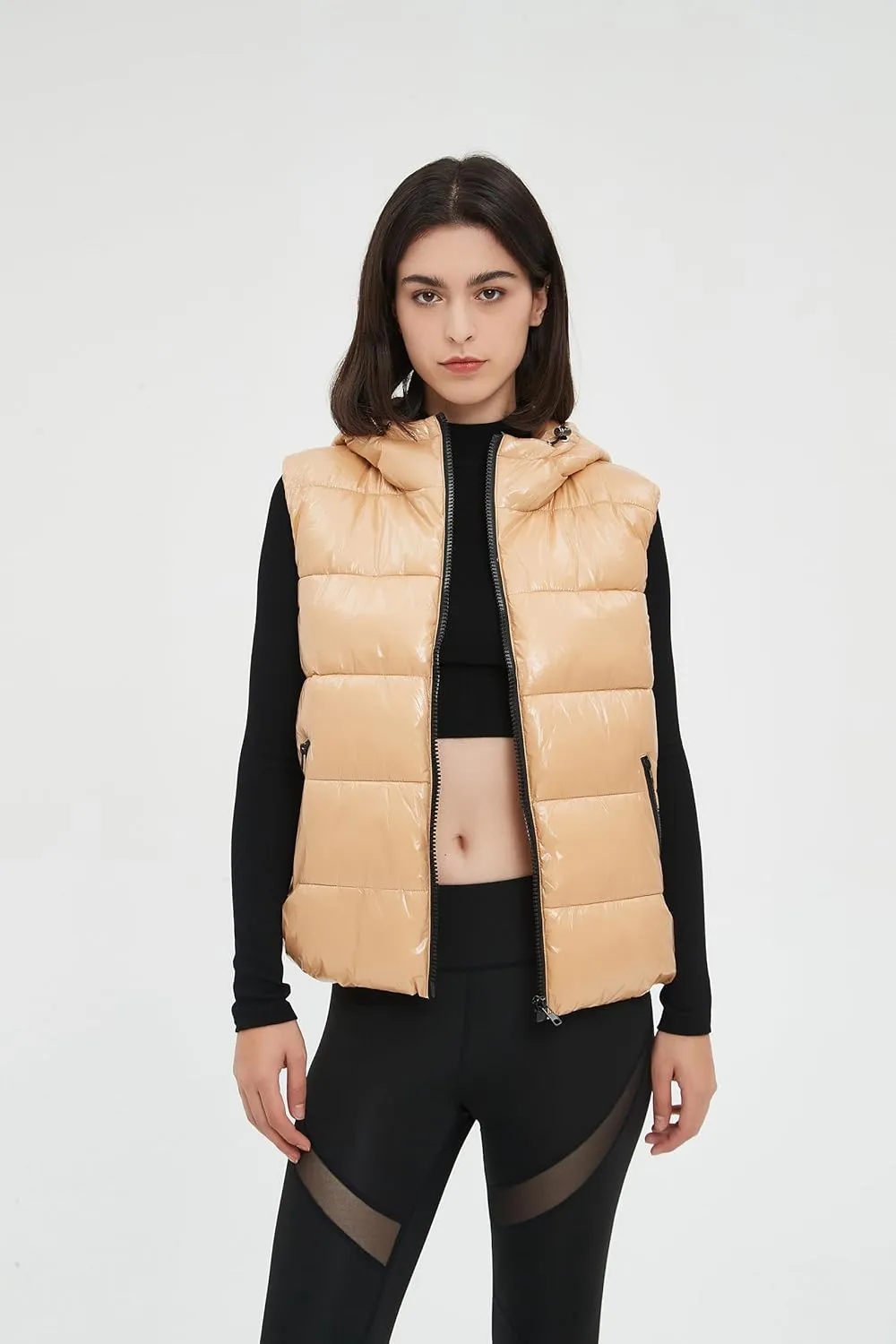 SeekMe Women's Hooded Shiny Insulated Puffer Vest Sleeveless Down Puffer Jacket