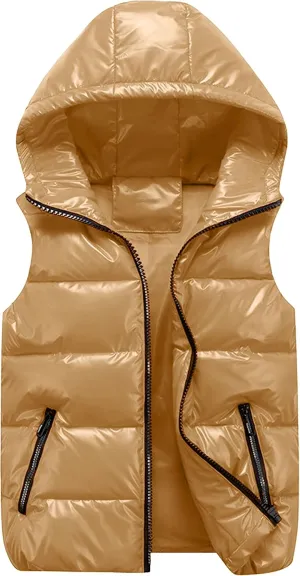 SeekMe Women's Hooded Shiny Insulated Puffer Vest Sleeveless Down Puffer Jacket