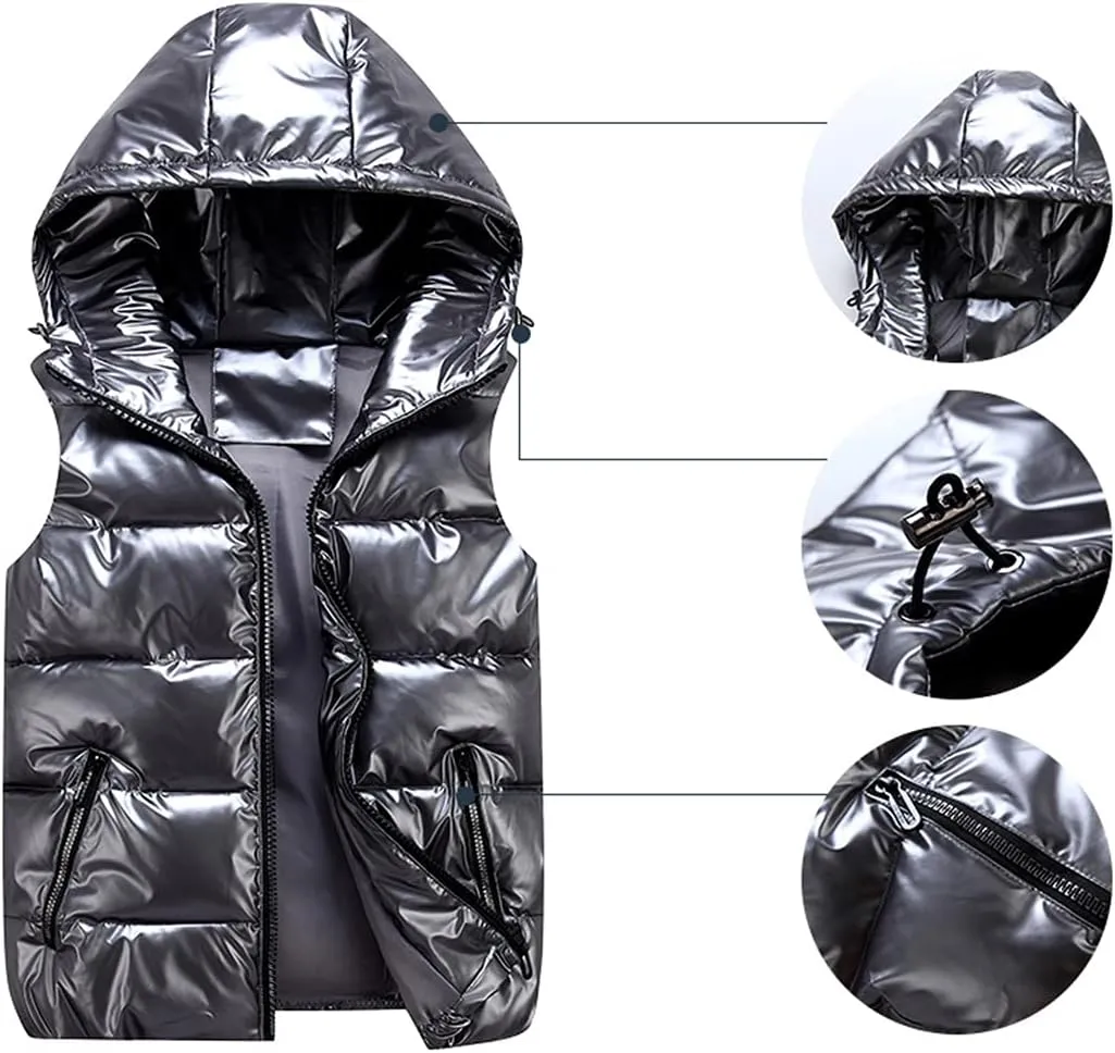 SeekMe Women's Hooded Shiny Insulated Puffer Vest Sleeveless Down Puffer Jacket