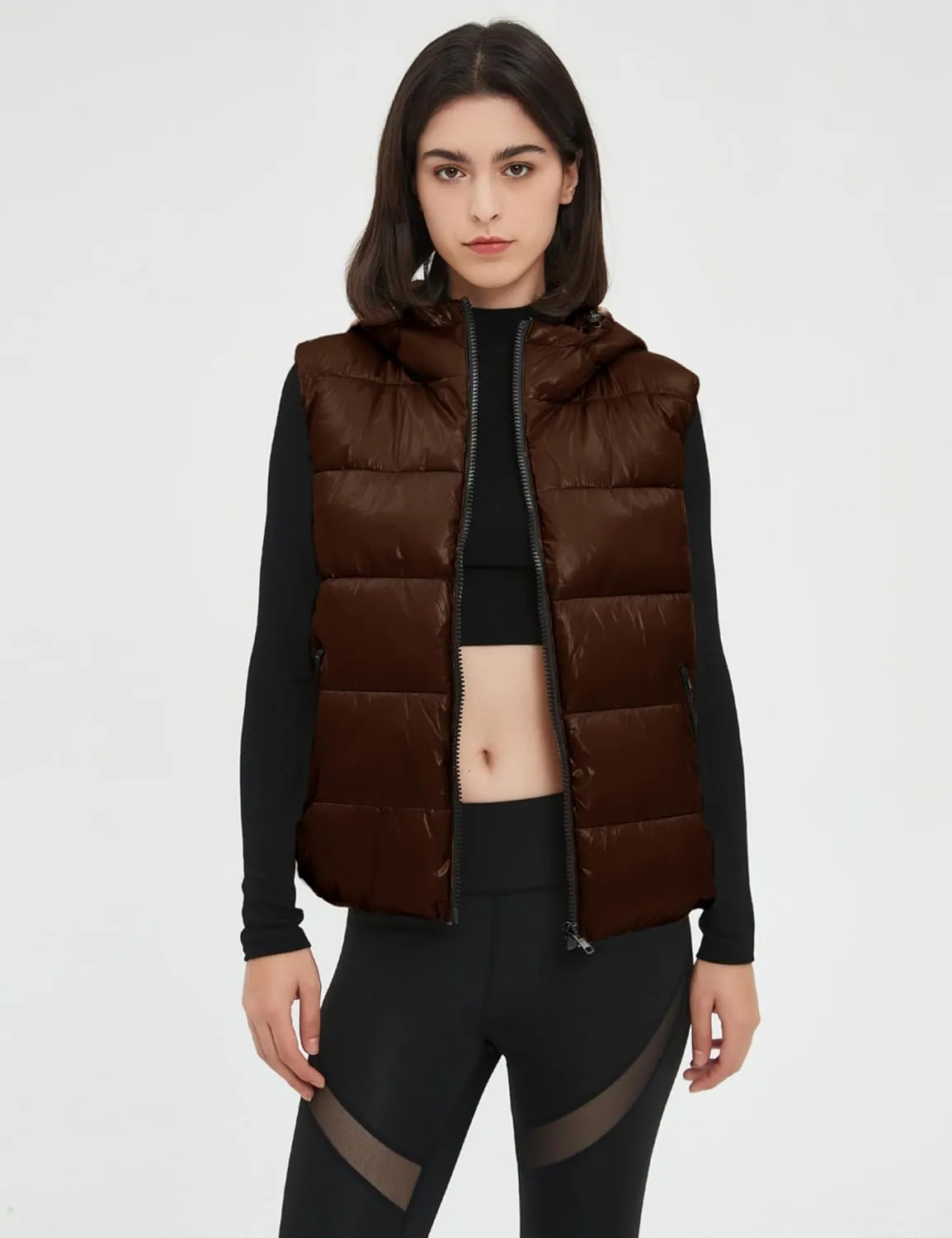 SeekMe Women's Hooded Shiny Insulated Puffer Vest Sleeveless Down Puffer Jacket