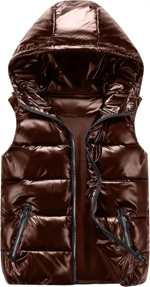 SeekMe Women's Hooded Shiny Insulated Puffer Vest Sleeveless Down Puffer Jacket