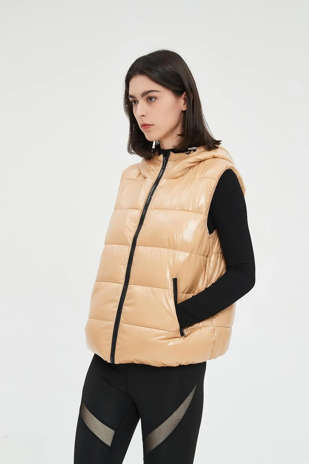 SeekMe Women's Hooded Shiny Insulated Puffer Vest Sleeveless Down Puffer Jacket
